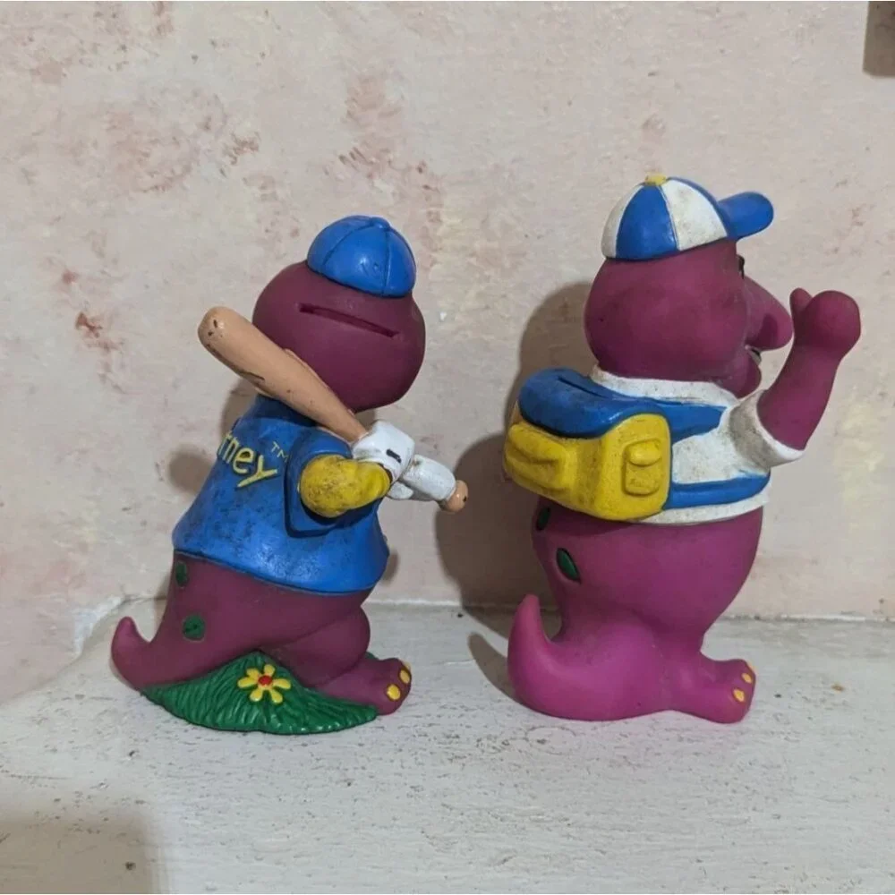 vintage Barney Dinosaur Coin Bank Pair With‎ Baseball & School Outfit purple